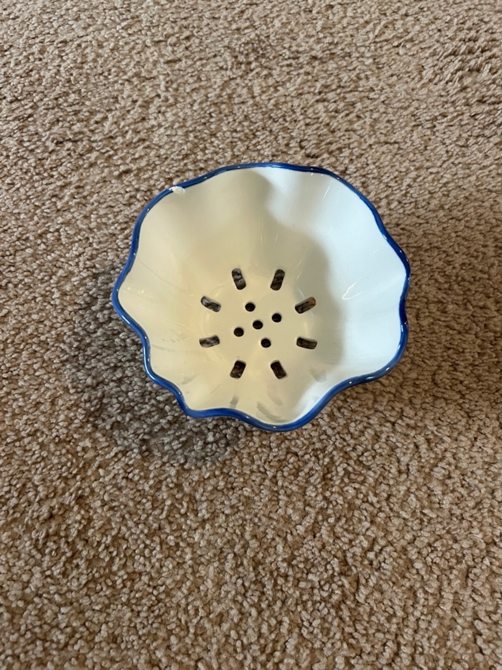 Anthropologie Ceramic Flower Dish with Blue Trim